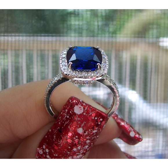 925 STERLING SILVER Cushion Cut Blue Spinel & Cubic Zirconia Halo Ring - Picture 8 of 16